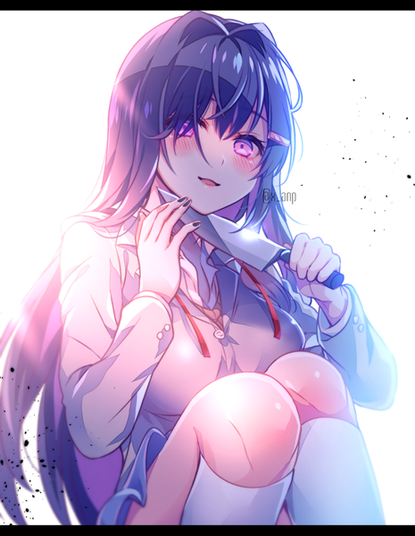 Anime picture 697x900 with doki doki literature club yuri (doki doki literature club) aicedrop single long hair tall image looking at viewer blush fringe open mouth simple background smile sitting purple eyes holding signed purple hair bent knee (knees) long sleeves nail polish