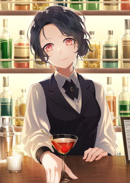 Anime-Bild 800x1130 mit original yuki lio single tall image looking at viewer short hair black hair red eyes upper body indoors long sleeves head tilt light smile girl shirt white shirt vest drink alcohol cocktail glass