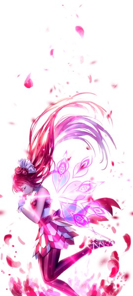 Anime picture 537x1190 with pretty rhythm pretty rhythm rainbow live pretty (series) renjouji beru irua single long hair tall image simple background white background bent knee (knees) red hair eyes closed girl dress gloves petals pantyhose wings white gloves