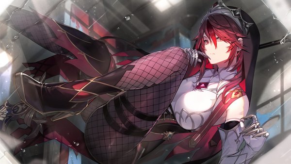 Anime picture 1920x1080 with genshin impact rosaria (genshin impact) kakage single looking at viewer fringe highres short hair breasts light erotic hair between eyes red eyes wide image large breasts sitting bent knee (knees) red hair head tilt multicolored hair hair over one eye