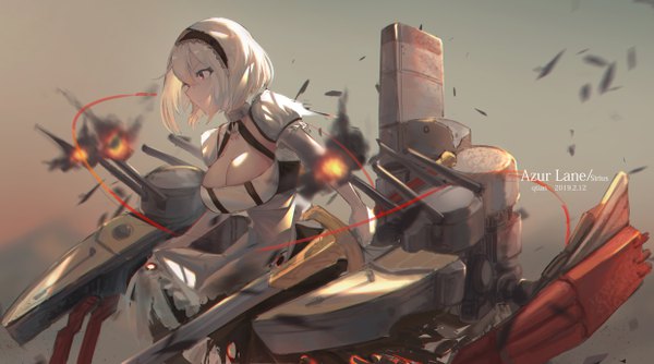Anime picture 4957x2767 with azur lane sirius (azur lane) lm520lm520 single fringe highres short hair breasts light erotic hair between eyes red eyes wide image large breasts standing holding signed payot looking away absurdres cleavage