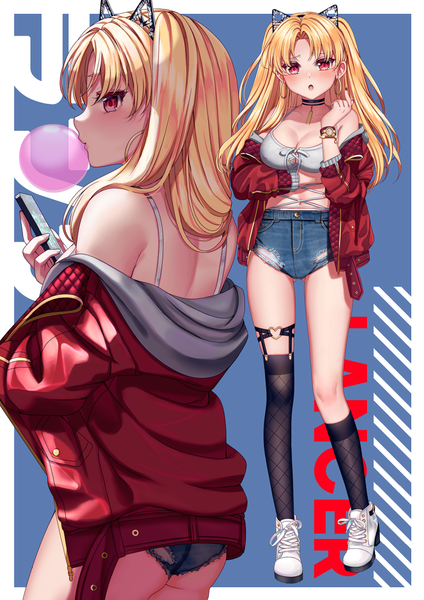 Anime picture 798x1130 with fate (series) fate/grand order ereshkigal (fate) saruei long hair tall image looking at viewer blush fringe breasts open mouth light erotic blonde hair simple background red eyes large breasts standing bare shoulders holding animal ears