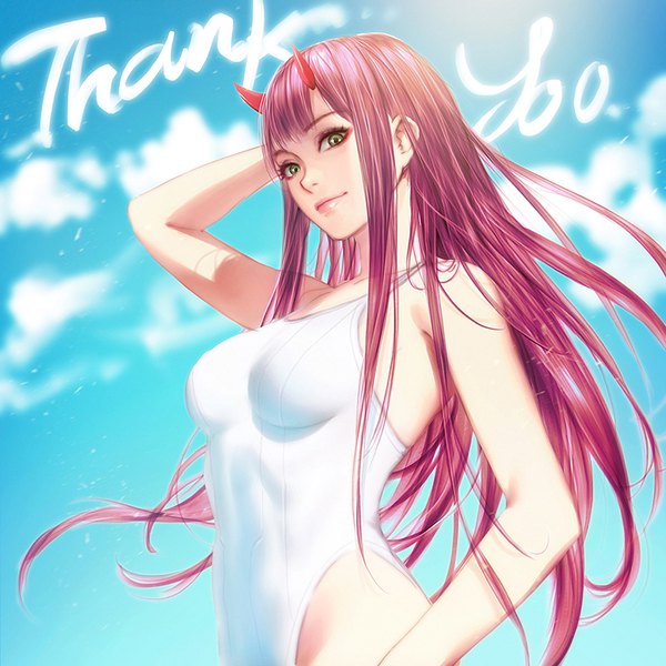 Anime picture 800x800 with darling in the franxx studio trigger zero two (darling in the franxx) nudtawut thongmai single long hair fringe breasts light erotic green eyes payot pink hair sky cloud (clouds) upper body horn (horns) light smile realistic text arm behind head