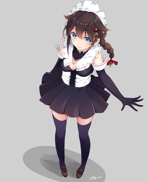 Anime picture 1716x2111 with kantai collection shigure destroyer tebi (tbd11) single long hair tall image looking at viewer fringe highres blue eyes simple background smile hair between eyes brown hair signed braid (braids) from above grey background zettai ryouiki outstretched arm