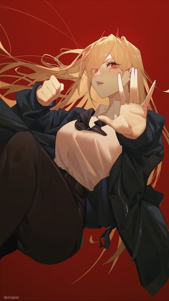 Anime picture 2790x4961 with chainsaw man mappa power (chainsaw man) chilakkk single long hair tall image looking at viewer fringe highres simple background blonde hair hair between eyes red eyes horn (horns) red background girl fist