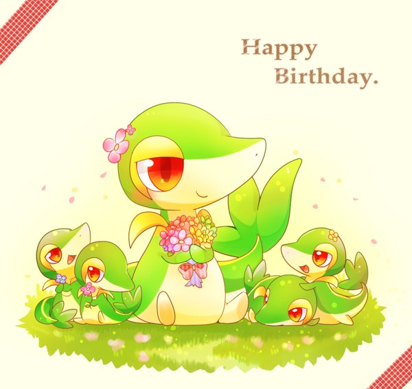 Anime picture 800x756 with pokemon nintendo snivy ushiinu open mouth smile red eyes sitting group no people happy birthday cute gen 5 pokemon flower (flowers) animal