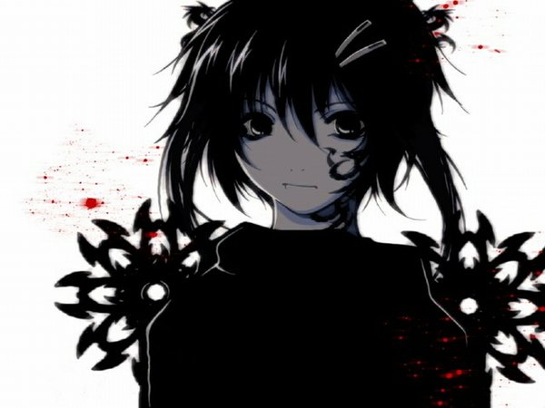 Anime picture 1024x768 with black hair black eyes tattoo monochrome jpeg artifacts hair ornament hairclip blood