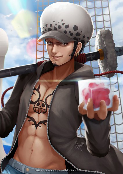 Anime picture 700x990 with one piece toei animation trafalgar law magion02 single tall image looking at viewer short hair black hair smile holding signed sky cloud (clouds) sunlight realistic inscription open jacket teeth tattoo