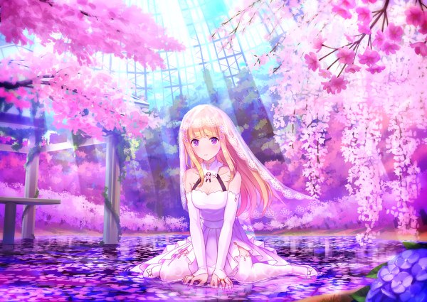 Anime picture 1200x850 with original shouhei single long hair looking at viewer blush fringe blonde hair sitting purple eyes bare shoulders payot full body wind sunlight cherry blossoms wariza girl dress detached collar