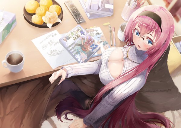 Anime picture 1697x1200 with vocaloid megurine luka daidou (demitasse) single blush breasts open mouth blue eyes light erotic large breasts looking away pink hair cleavage very long hair girl glasses hairband fruit turtleneck open-chest turtleneck