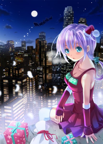 Anime picture 1000x1399 with original takanashi haruto long hair tall image blush blue eyes sitting purple hair cloud (clouds) bent knee (knees) sparkle cityscape city lights girl thighhighs dress gloves detached sleeves white thighhighs elbow gloves