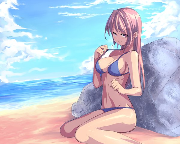 Anime picture 1500x1200 with original saiste long hair breasts light erotic smile sitting pink hair sky cloud (clouds) pink eyes beach girl swimsuit bikini sea