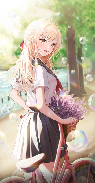 Anime picture 1100x2124 with original kottungyang single long hair tall image looking at viewer blush fringe open mouth blonde hair smile standing holding yellow eyes outdoors blunt bangs :d pleated skirt sunlight blurry