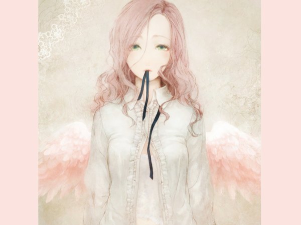 Anime picture 1349x1012 with inception ariadne single long hair looking at viewer simple background brown hair holding green eyes mouth hold wavy hair pink background angel wings ribbon in mouth girl flower (flowers) ribbon (ribbons) plant (plants) hair ribbon wings
