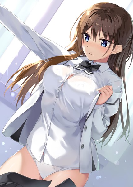 Anime picture 1570x2202 with boku no kanojo sensei fujiki maka oryou single long hair tall image blush fringe breasts blue eyes light erotic hair between eyes brown hair standing payot looking away long sleeves sunlight off shoulder open clothes