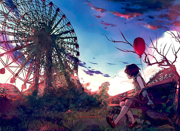 Anime picture 1000x727 with original yuumei long hair brown hair sitting looking away sky cloud (clouds) sunlight evening sunset girl plant (plants) tree (trees) bench balloon ferris wheel amusement park