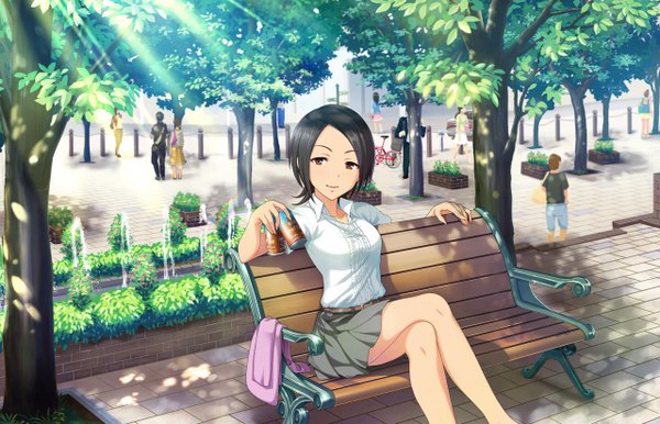 Anime picture 1280x824 with idolmaster idolmaster cinderella girls idolmaster cinderella girls starlight stage tougou ai looking at viewer short hair black hair sitting brown eyes crossed legs girl skirt plant (plants) miniskirt shirt tree (trees) white shirt people