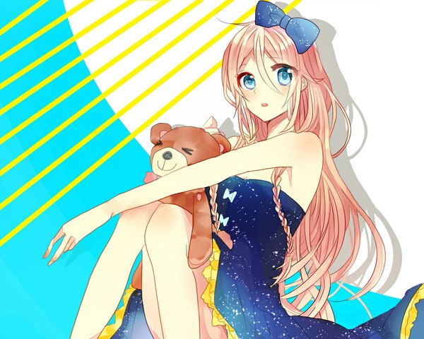 Anime picture 1000x800 with vocaloid ia (vocaloid) hinamaru1115 (artist) single long hair looking at viewer open mouth blue eyes bare shoulders pink hair braid (braids) shadow twin braids girl dress bow toy stuffed animal teddy bear
