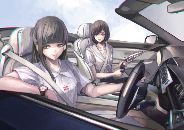 Anime picture 1788x1268 with original koh (minagi kou) long hair looking at viewer highres short hair black hair sitting multiple girls brown eyes girl weapon 2 girls gun clock ground vehicle pistol car wristwatch convertible