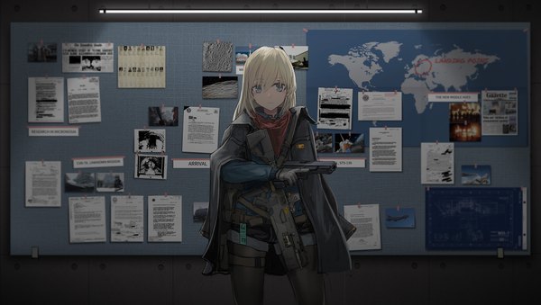 Anime picture 4378x2480 with original aegisfate single long hair looking at viewer fringe highres blonde hair hair between eyes wide image standing holding absurdres indoors grey eyes text english clothes on shoulders trigger discipline girl