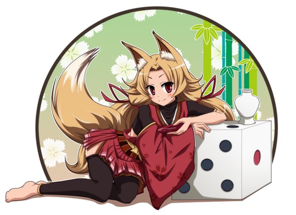 Anime picture 1280x929 with original shira-nyoro long hair smile red eyes brown hair full body barefoot fox ears fox tail fox girl girl thighhighs plant (plants) bamboo