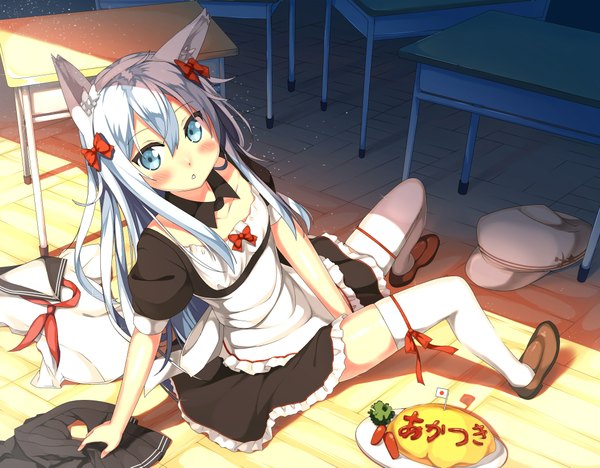 Anime picture 2132x1663 with kantai collection hibiki destroyer verniy destroyer kawai (purplrpouni) single long hair looking at viewer blush highres blue eyes sitting animal ears blue hair bent knee (knees) indoors parted lips pleated skirt sunlight cat ears maid