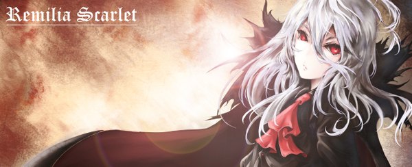 Anime picture 2538x1033 with touhou remilia scarlet litsvn single long hair looking at viewer highres red eyes wide image white hair sunlight alternate costume character names alternate hairstyle girl ribbon (ribbons) cloak