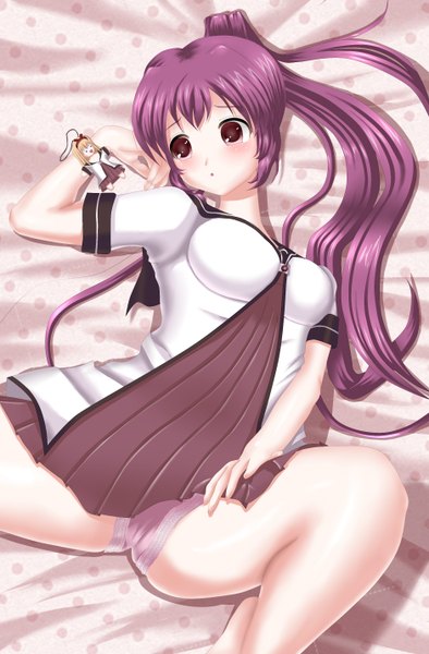 Anime picture 1880x2860 with yuru yuri doga kobo toshinou kyouko sugiura ayano tundeledy (artist) single long hair tall image highres light erotic red eyes purple hair ponytail girl underwear panties serafuku doll (dolls)