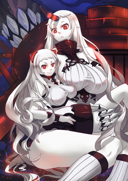 Anime picture 2480x3508 with kantai collection seaport hime airfield hime tsubasa19900920 tall image looking at viewer highres breasts light erotic smile red eyes large breasts sitting bare shoulders multiple girls silver hair very long hair horn (horns) hug huge breasts