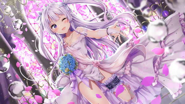 Anime picture 2189x1231 with virtual youtuber iriam sakura mochi (iriam) kuria (clear trip second) single long hair looking at viewer blush fringe highres breasts open mouth smile wide image purple eyes bare shoulders purple hair blunt bangs one eye closed wink