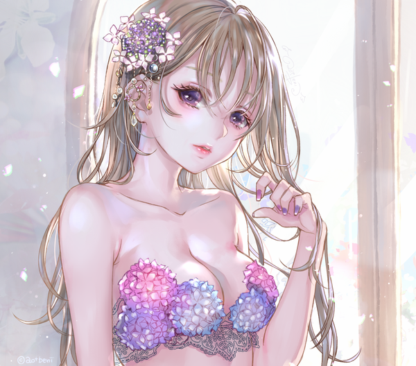 Anime picture 800x704 with original ao+beni single long hair looking at viewer blush fringe breasts light erotic hair between eyes brown hair purple eyes bare shoulders signed cleavage upper body nail polish parted lips fingernails lips