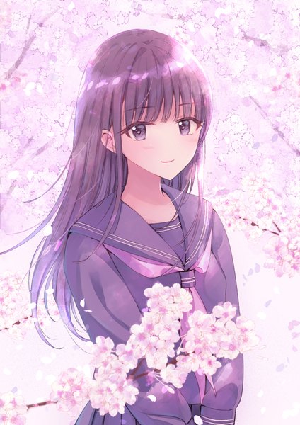 Anime picture 728x1029 with original nagidango single long hair tall image looking at viewer blush fringe black hair smile standing payot upper body blunt bangs long sleeves pleated skirt black eyes cherry blossoms spring girl