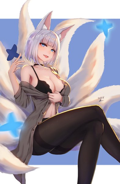 Anime picture 1440x2194 with azur lane kaga (azur lane) 5555 96 single tall image looking at viewer blush fringe short hair breasts open mouth blue eyes light erotic simple background large breasts signed animal ears cleavage silver hair white hair