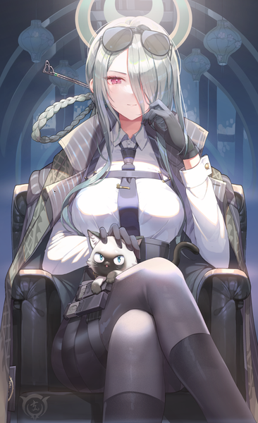 Anime picture 2182x3579 with blue archive mina (blue archive) misyune single long hair tall image looking at viewer fringe highres sitting braid (braids) pink eyes grey hair hair over one eye crossed legs sunglasses on head clothes on shoulders hair rings girl gloves