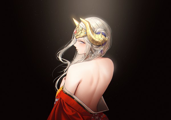 Anime picture 1684x1191 with fire emblem fire emblem: three houses nintendo edelgard von hresvelg shizuko hideyoshi single long hair looking at viewer blush fringe light erotic simple background purple eyes bare shoulders signed silver hair profile looking back horn (horns) from behind