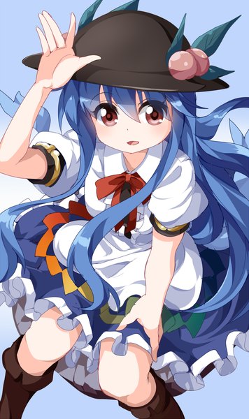 Anime picture 713x1200 with touhou hinanawi tenshi ruu (tksymkw) single long hair tall image blush fringe open mouth simple background hair between eyes red eyes sitting blue hair looking away from above blue background waving girl hat