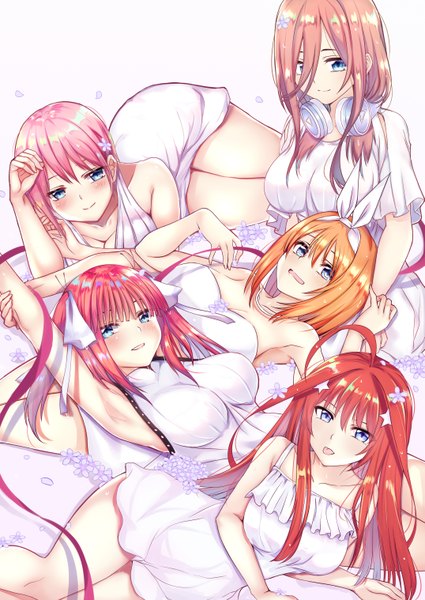 Anime picture 2150x3035 with go-toubun no hanayome nakano miku nakano nino nakano ichika nakano itsuki nakano yotsuba lydia601304 long hair tall image looking at viewer blush fringe highres short hair breasts open mouth blue eyes light erotic simple background hair between eyes