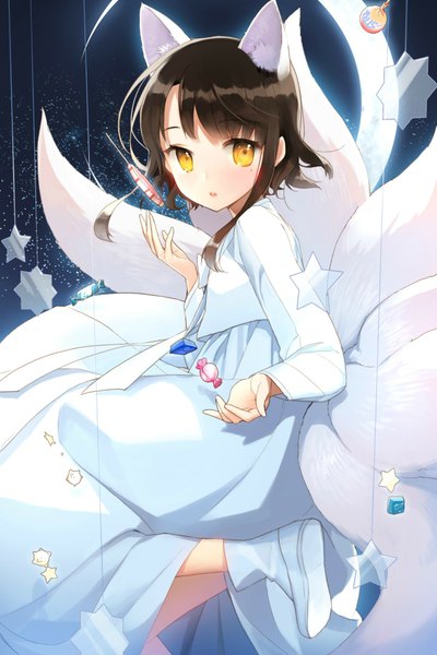 Anime picture 1280x1920 with sword girls sita vilosa salt (salty) single tall image blush fringe short hair open mouth black hair animal ears yellow eyes tail animal tail alternate costume fox ears fox tail fox girl multiple tails crescent