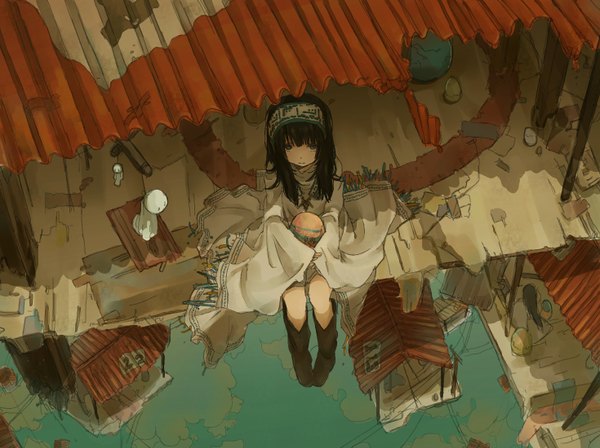 Anime picture 1470x1100 with original hanno single long hair black hair sitting green eyes girl house