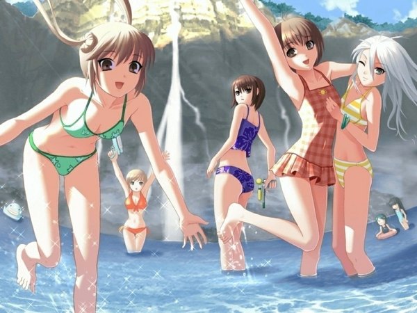 Anime picture 1024x768 with game cg one eye closed wink arms up beach everyone swimsuit bikini striped bikini floral print bikini water gun
