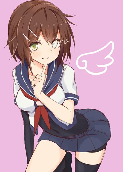 Anime picture 643x900 with kantai collection furutaka heavy cruiser takehana note single tall image short hair simple background smile brown hair heterochromia glowing finger to mouth pink background glowing eye (eyes) fake wings girl thighhighs hair ornament black thighhighs wings