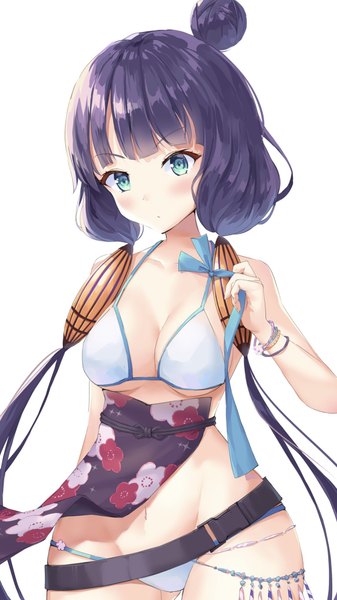 Anime picture 1242x2208 with fate (series) fate/grand order katsushika hokusai (fate/grand order) katsushika hokusai (swimsuit saber) (fate) hiyoko (kokeko) single long hair tall image blush fringe breasts blue eyes light erotic simple background white background twintails bare shoulders holding cleavage purple hair