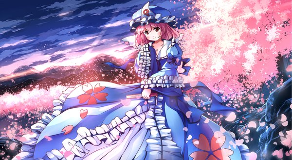 Anime picture 2288x1254 with touhou saigyouji yuyuko risutaru single looking at viewer blush fringe highres short hair smile wide image standing pink hair sky outdoors pink eyes cherry blossoms evening sunset frilled dress
