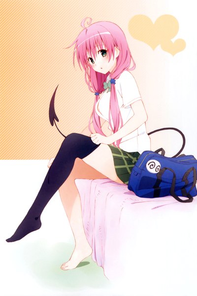 Anime picture 4460x6690 with toloveru xebec lala satalin deviluke single long hair tall image looking at viewer fringe highres breasts blue eyes sitting twintails pink hair absurdres ahoge bent knee (knees) tail parted lips pleated skirt