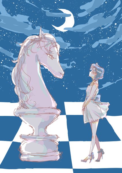 Anime picture 1721x2435 with bishoujo senshi sailor moon toei animation mizuno ami punano single tall image highres short hair standing bare shoulders blue hair looking away cloud (clouds) full body profile black eyes night high heels night sky checkered floor