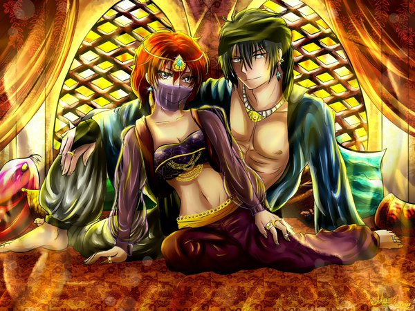 Anime picture 2000x1500 with akatsuki no yona studio pierrot yona (akatsuki no yona) hak (akatsuki no yona) manea_oana looking at viewer fringe highres short hair light erotic black hair smile bent knee (knees) red hair indoors traditional clothes aqua eyes open clothes arm support grey eyes