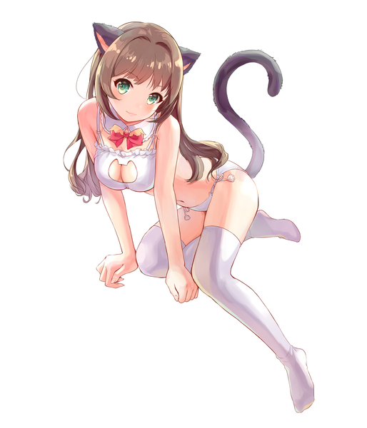 Anime picture 3000x3500 with original utaka (anyoanyot) single long hair tall image looking at viewer blush highres breasts light erotic smile brown hair sitting green eyes animal ears full body tail animal tail cat ears cat girl