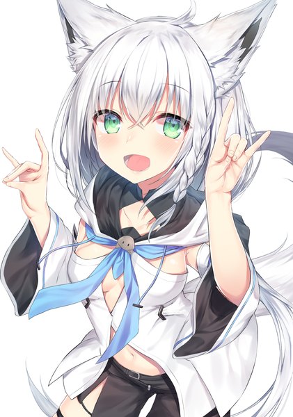 Anime picture 800x1139 with virtual youtuber hololive shirakami fubuki shirakami fubuki (1st costume) topia single long hair tall image looking at viewer blush fringe breasts open mouth light erotic simple background smile hair between eyes standing white background green eyes