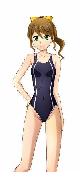 Anime picture 634x1350 with mobile suit gundam gundam build fighters sunrise (studio) ootake akemi kenken single tall image looking at viewer short hair light erotic simple background brown hair white background green eyes ponytail girl bow swimsuit hair bow