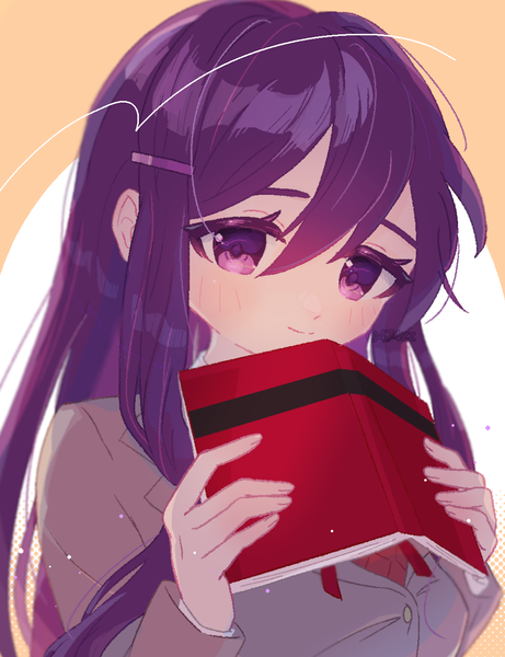 Anime picture 1000x1302 with doki doki literature club yuri (doki doki literature club) anzen robo (474zz) single long hair tall image looking at viewer blush fringe simple background smile hair between eyes purple eyes holding purple hair upper body long sleeves girl uniform school uniform